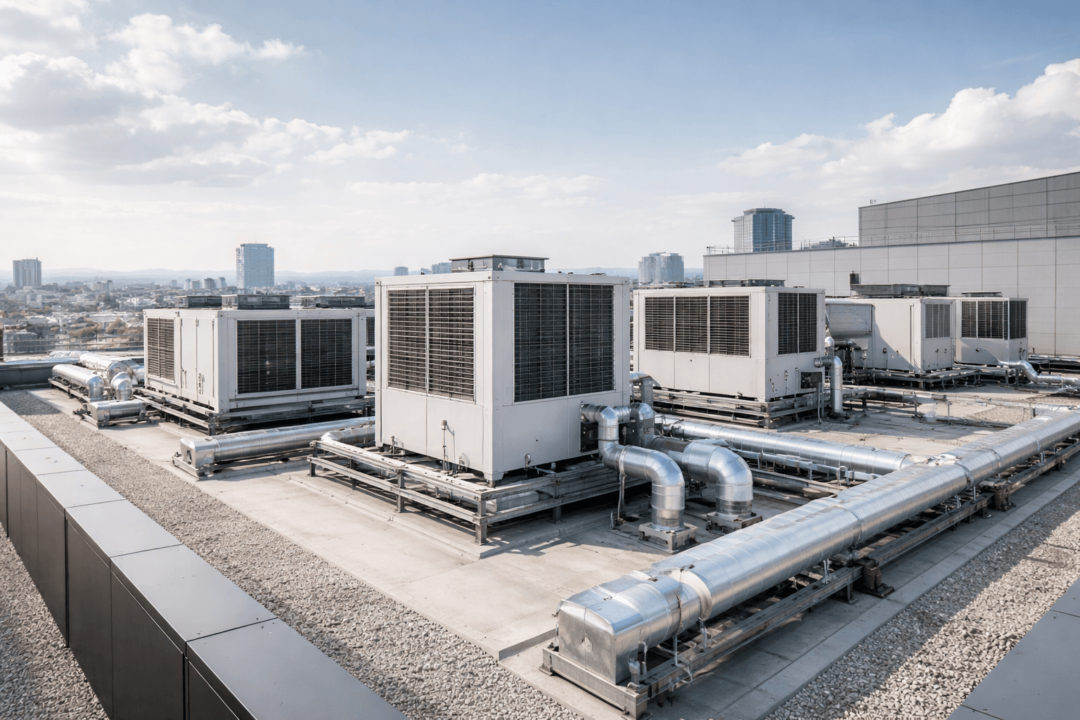 Sistema HVAC comercial con equipos rooftop y climatización profesional