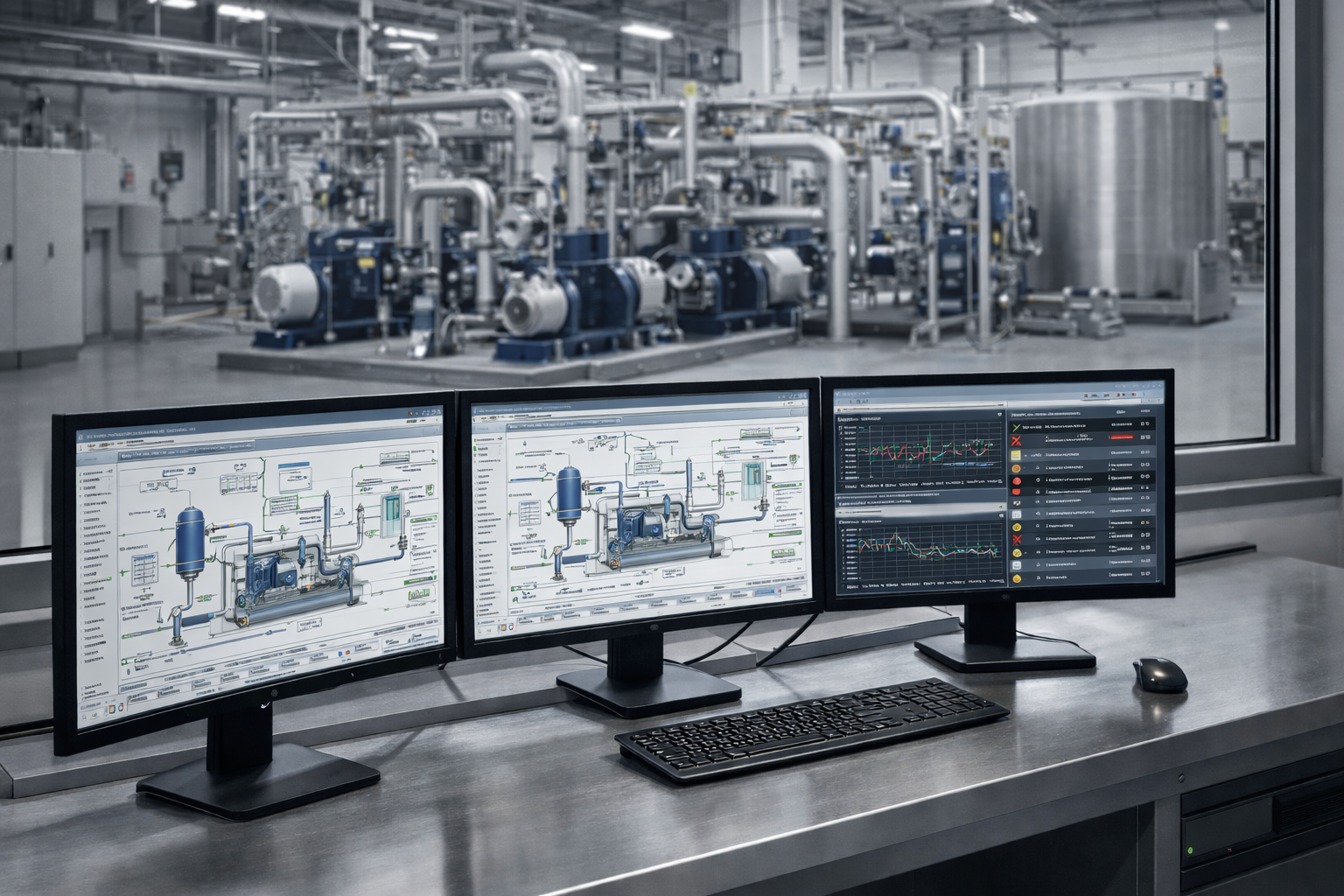 Supervisión industrial con tablero, HMI y control de proceso