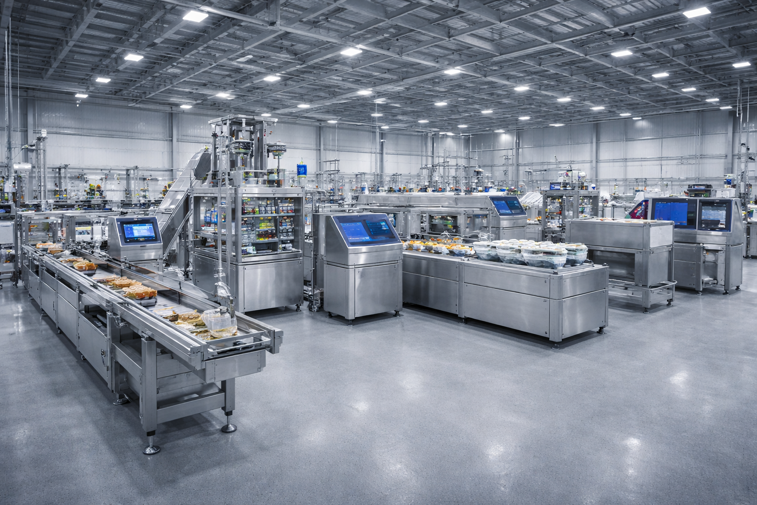 Línea moderna de maquinaria industrial para empaque y producción
